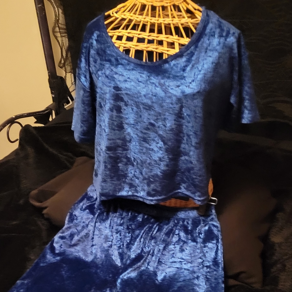 Vtg 90s Secret Treasures  blue sateen crop top High Waist Pant loungewear set L - Picture 11 of 17